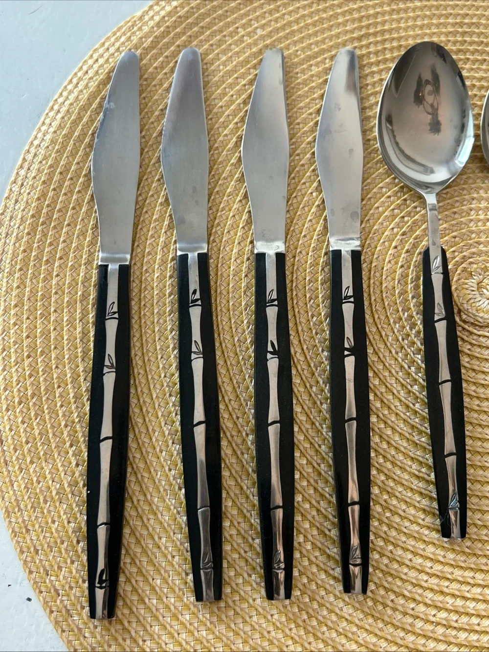 VTG Lifetime Cutlery Japan 15 pc Bamboo Inset Black Handle 7Spoons4Knives4Forks